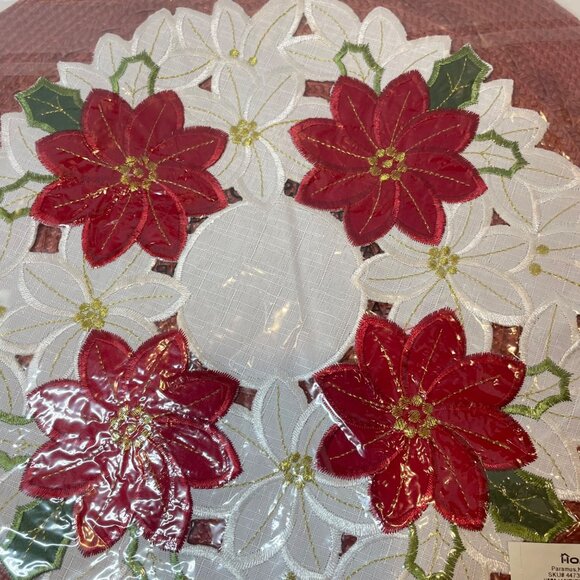 Christmas Table Topper With Red Poinsettias & White Floral Embroidery 15" Round - Picture 3 of 5